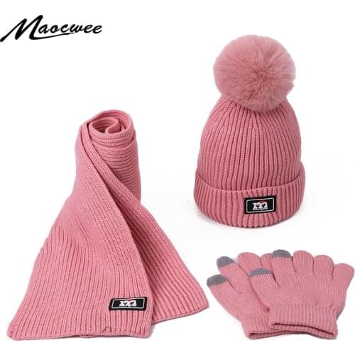 Three-piece Scarf Hat Set Baby Girls Children PomPon Beanies Knitted Skullies Hats Kids Winter Warm Wool Crochet Caps Unisex