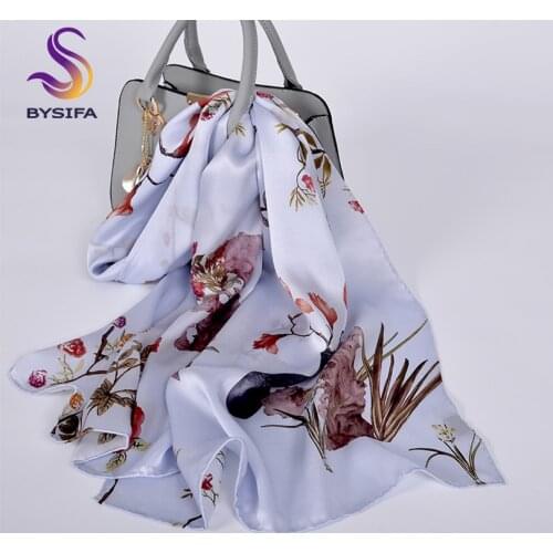 [BYSIFA] Chinese Style Peony Long Silk Scarf Shawl Ladies Fashion 100% Silk Scarves Wraps Spring Fall Grey Blue Neck Scarves