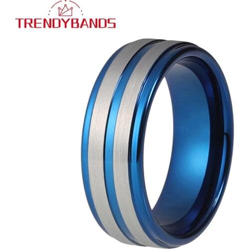 8MM Blue Tungsten Carbide Rings For Men Women Wedding Band Grooved Stepped Edges Brushed Finish Comfort Fit