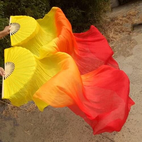 New 1.8m Left Hand Long Silk Fan Veils Bamboo Handle Belly Dance Fan Handmade Silk Fan Party DIY Decoration 7 Colors