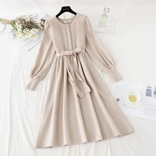 Patchwork Corduroy Dress 2021 Spring Autumn Bow Tie Women Sweater Dresses Lantern Sleeve Female Winter Stitching Dresses LJ3340