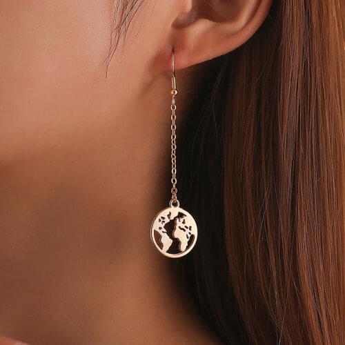 Vintage Alloy World Map Dangle Earrings for Women Simple Creative Geometric Long Chain Tassel Earrings Ear Jewelry Brincos Gift