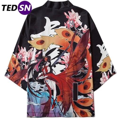 Aelfric Eden Japanese Kimono Jacket Men Fox Warrioress Print Front Open Coats 2020 Summer Japan Streetwear Loose Shirts Harajuku