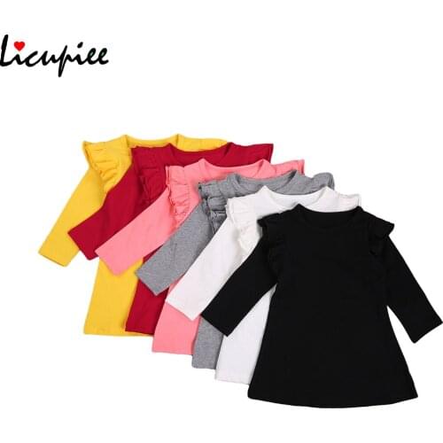Baby Girls Solid One-piece Skirt, Long Sleeve Ruffled Shoulder Round Neck, Simple and Elegant Dress for Little Girls 1-7 Years