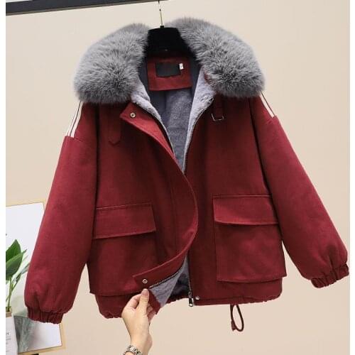Tooling Cotton Winter Jacket Womens 2021 Fashion Fur collar Plus velvet Warm Coat Female Plus size Short Loose Outwear Parkas