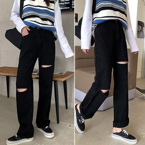 WomenS High-Waisted Straight-Leg Jeans with Roll-Up Edges, Black Ripped Wide-Leg Pants, Floor Pants, Black