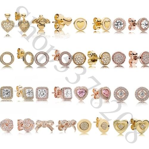 Real 925 Sterling Silver Rose Shine Signature Heart Forever Fashion Stud Earrings For Pandora Women Bead Charm Gift DIY Jewelry