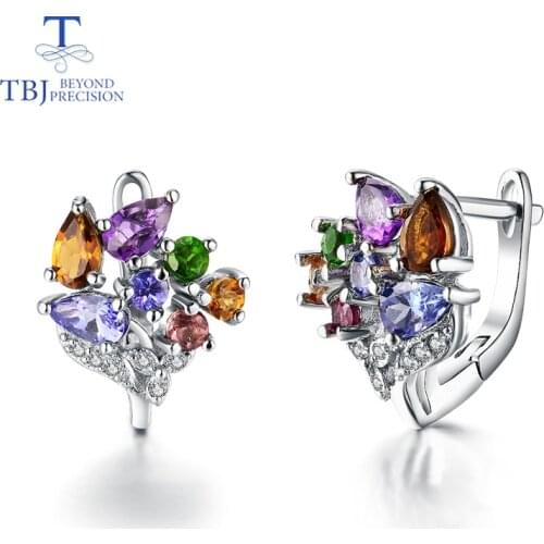 925 sterling silver natural tourmaline amethyst and tanzanite mix gemstone earrings flower design for girls nice birthday gift