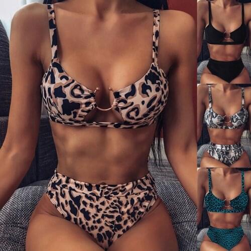 2021 Summer Sexy Bikini Set Women High Waist Leopard Snake Print Split Swimsuit Push Up Bandeau Thong Brazilian Biquini Swimwear