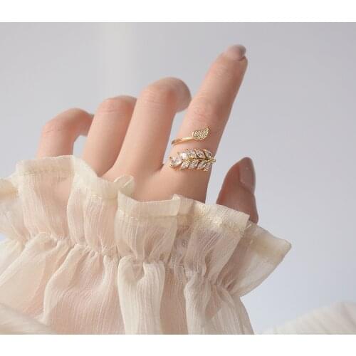 14k Real Gold Plated Fashion Jewelry Micro-inlaid Zircon Leaf Elegant Open Rings for Woman Party Shine Delicate Wheat Ear Ring