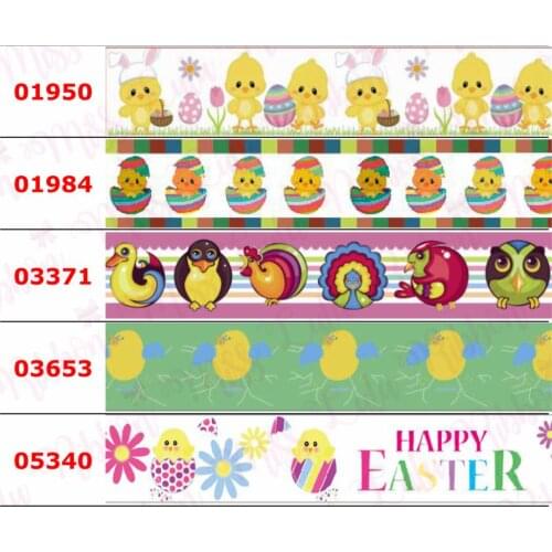 16mm-75mm Cartoon Duck Hen Cock Printed Grosgrain/Elastic Ribbon Flower Happy Easter Day DIY Hair Bowknots 50yards/roll