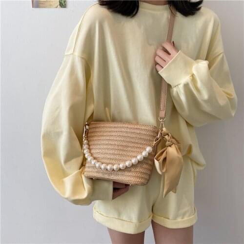 Bohemian Straw Womens Crossbody Bags Summer Straw Beach Bag Bowknot Pearl Female Handbag Luxury Fashion Designer Shopper Purse