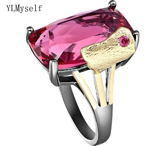 Big Rectangle Fuchsia Zirconia Ring Black/Gold 2 Tone Jewellery Luxury Large Crystal Jewelry For Women