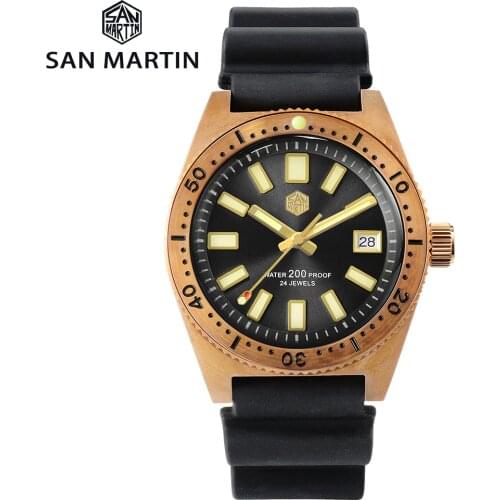 San Martin Tin Bronze 62Mas Diver Automatic Mechanical Men Watch NH35 Sapphire Bronze Bezel Sunray Dial Rubber Calendar Luminous