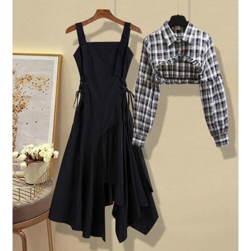 Black Suspender Dress 2021 Early Spring New Womens Shirt Skirt Suit Two-piece Suit