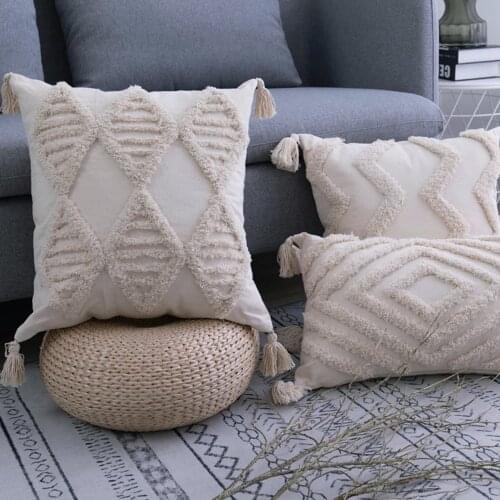 Sofa Living Room Decoration Boho Pillowcase With Tassels Home Decor Beige Tassels Cushion Cover Handmade Woven Pillowcase