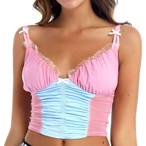 E Girl Lace Y2K Crop Top Women Summer Mesh Patchwork Sexy V Neck Vest Kawaii Camisole Cottagecore Aesthetic Clothes Corset Tops