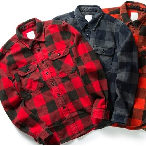 Cotton Heavyweight Retro Vintage Spring Autumn Winter Long Sleeve Buffalo Plaid Flannel Shirt Jacket for Men