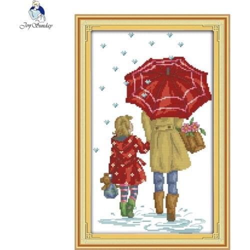 Joy Sunday The Mother and Daughter Under the Umbrella Patterns DMC Cross-Stitch 11CT 14CT DIY Hand Embroidery Sets Needlework
