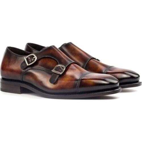 Double Monk Brown Buckle Strap Mens Shoes Solid Fashion Luxury Designer Genuine Leather Best Men Handmade Shoes