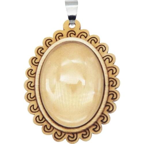 2pcs Oval Wood Trays Bezel Blank Charm Stainless Steel Hook With Glass Cabochon Pendant Base Setting Necklace DIY Findings