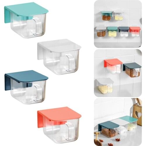 Clear Seasoning Box Wall Mounted Pull Out Spice Jar Condiment Storage Container With Lid Spoon For Salt Sugar Pepper Chili Spice