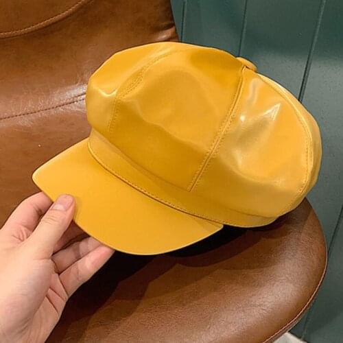 Reflective PU Leather Octagonal hats Trendy Fashion Solid Color Berets Hats Men Women High Quality Elegant Texture Painter Hats