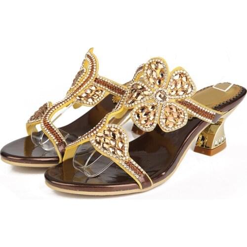 Thick High Heel Slippers Horse Shoes Heel Slippers Women Flower Rhinestone Hollow Slippers Casual 6cm High Heel Slippers