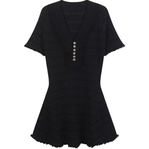PERHAPS U White Black V Neck Button Knitting Short Sleeve Burr Mini Dress Small Fragrance Summer Elegant D1499