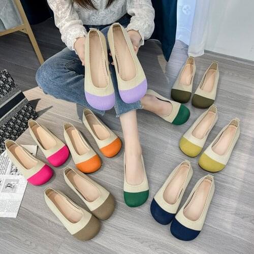 Bean shoes women 2021 spring and summer new shallow mouth round head woven flat-bottomed knitted breathable granny shoes