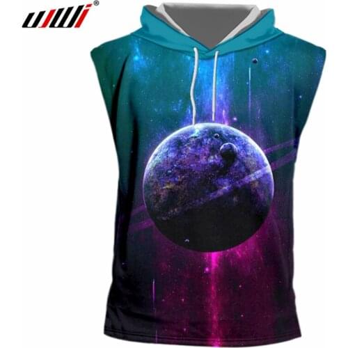 UJWI Mens Casual Tshirt Cool Print Space Galaxy 3D Cap T-shirts Man Hip Hop Sportwear Loose Sleeveless Hoody Pullover With Hood