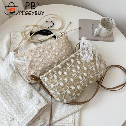 Vintage Women Summer Lace Flower Embroidery Small Woven Shoulder Crossbody Bags Shoulder Bags Casual Woven Handbags