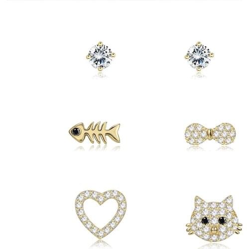 ZEMIOR 925 Sterling Silver For Women Heart Kitten And Bowknot Fish Bone Earring Set Shiny Zircon Small Stud Earrings Jewelry
