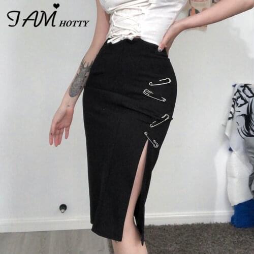 Vintage High-waisted Black Side Slit Long Midi Skirt Women Korean Fashion Street Style Party Harajuku Punk Skirts Femme Iamhotty