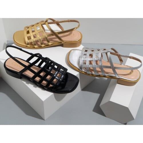 Womens sandals chunky heel open toe Roman shoes 2021 womens gladiator woven thin strap Hollow Beach flat shoes womens shoes