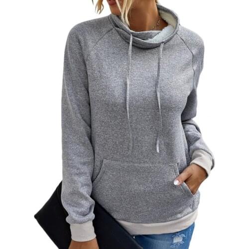 Womens Long Sleeve Tops Stand Collar Drawstring Pocket Hoodie Plush Lining Sweatshirt Pullover Autumn Winter Female Sweater