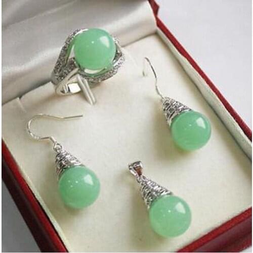 Fashion Womens 12mm Light green Jade Pendant Necklace Earrings Ring set