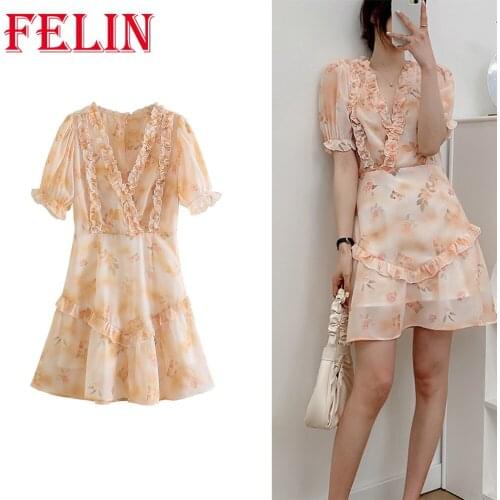 FELIN Women Summer Sundress Za Fashion 2021 Fungus Chiffon V-Neck Beach Mini Dress Short Sleeve High Street Party Cami Dresses