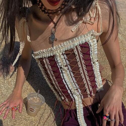 2021 Summer Skinny Strappy Women Tassels Camisole Sexy Hollow Out Y2K Lolita Lace Crop Tops Vests Female Harajuku Streetwear