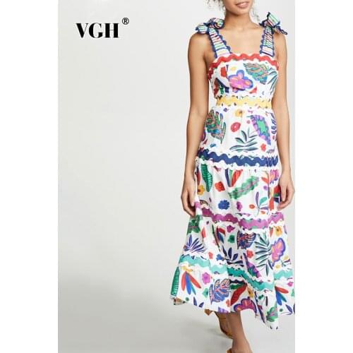 VGH Vintage Print Bowknot Womens Dress Square Collar Off Shoulder Sleeveless High Waist Large Size Dresses Female 2019 Fashion
