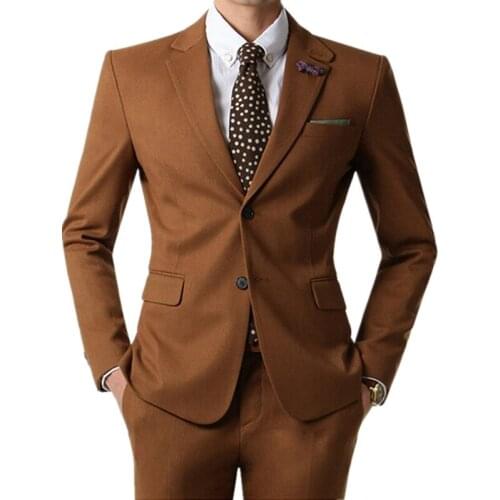 2021 Brown Suit Mens Wedding Suits Custom Made Slim Fit Business Suit Men Fashion Groom Tuxedos 2 Piece Set (Jacket+Pants)