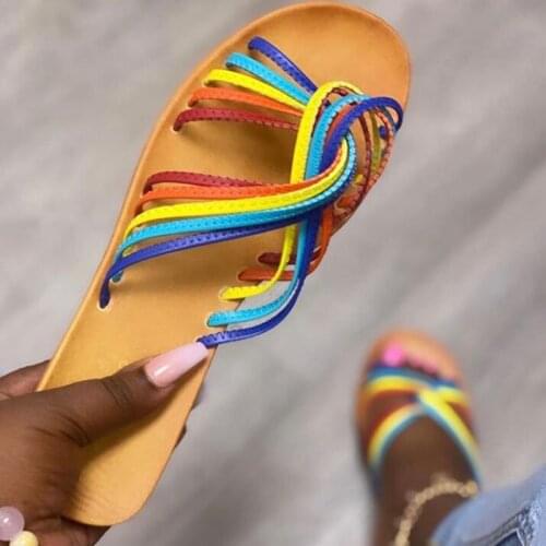2021 Summer New Womans Summer Slippers Flat Sandals Open Toe Rainbow Outdoor Beach Shoes Fashion Comfortable Plus Size 41