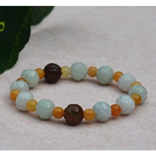 Natural A grade jades Green Round Bead Bracelet Single Lap Bracelet Hand Carved lotus Bangles Womans fashion Jades Jewelry