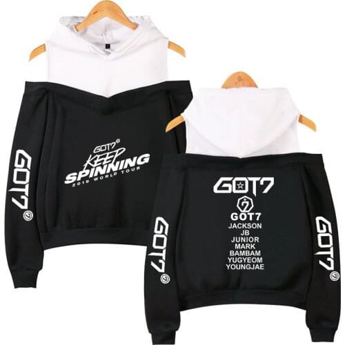 Kpop GOT7 Design Women Hoodies Hoody Keep Spinning Perform Sweatshirt Strapless Girl K-Pop Streetwear White Patchwork Clothing