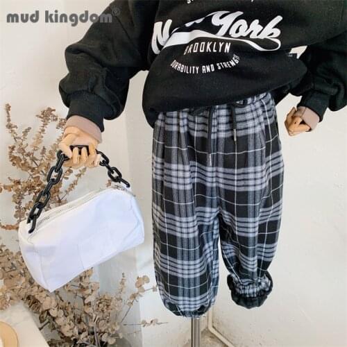 Mudkingdom Kids Jogger Fleece Plaid Belt Elastic Waist Loose Casual Sports Pants for Boys Girls Winter Slant Pocket Clothes