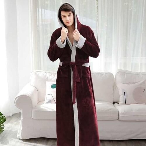 Flannel Hooded Night Robe Unisex Bathrobe Winter Thicken Long Over Size Lovers Couples Night Gown with Belt Men Nightgown