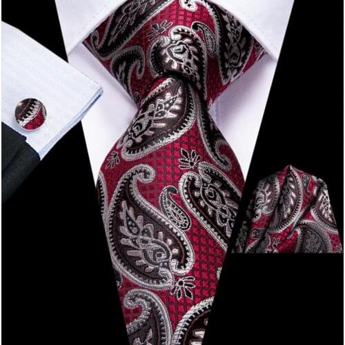 Hi-Tie Burgundy Brown Paisley Silk Wedding Tie For Men Handky Cufflink Set Fashion Designer Gift For Men Necktie Business Party