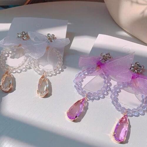 Korean Sweet Elegant Yarn Bowknot Crystal Circle Drop Earrings For Women Girls Fashion Holiday Party Jewelry Gifts