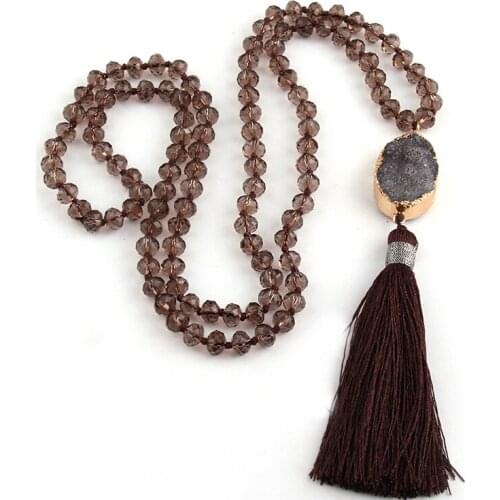 MOODPC Fashion Bohemian dark brown Crystal Glass Beads Knotted druzy Long Tassel Necklace