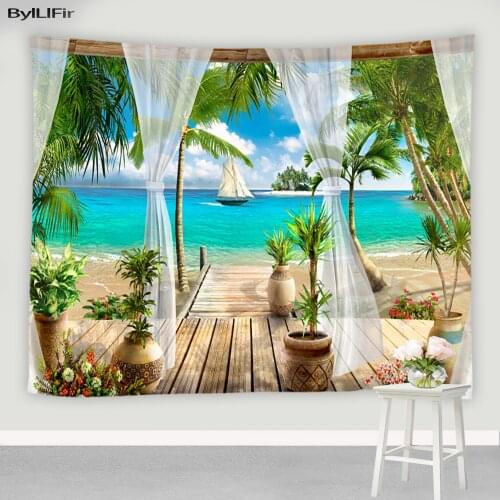 European Beach Landscape Wall Hanging Tapestry Sunny Ocean Beach Coconut Tree Print Living Room Bedroom Art Mural Bohemian Decor